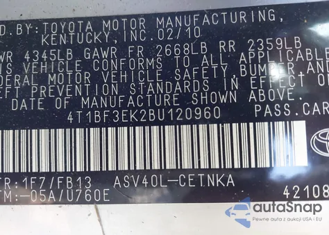 2011 Toyota Camry Le из США, поврежденный, VIN 4T1BF3EK2BU120960